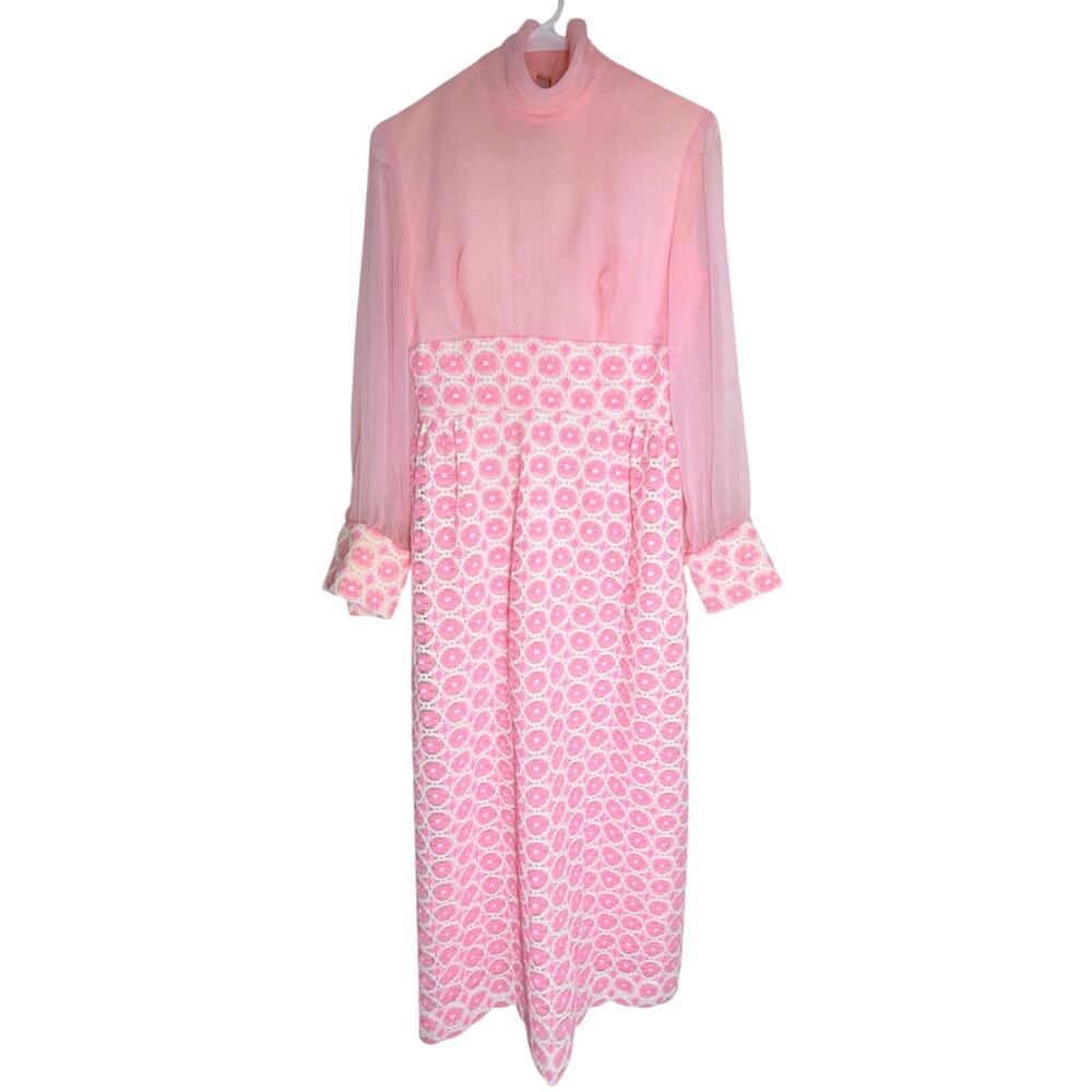 Vintage Handmade Pink Maxi Dress Lace Chiffon Prairie Mod 60s 70s Women’s
